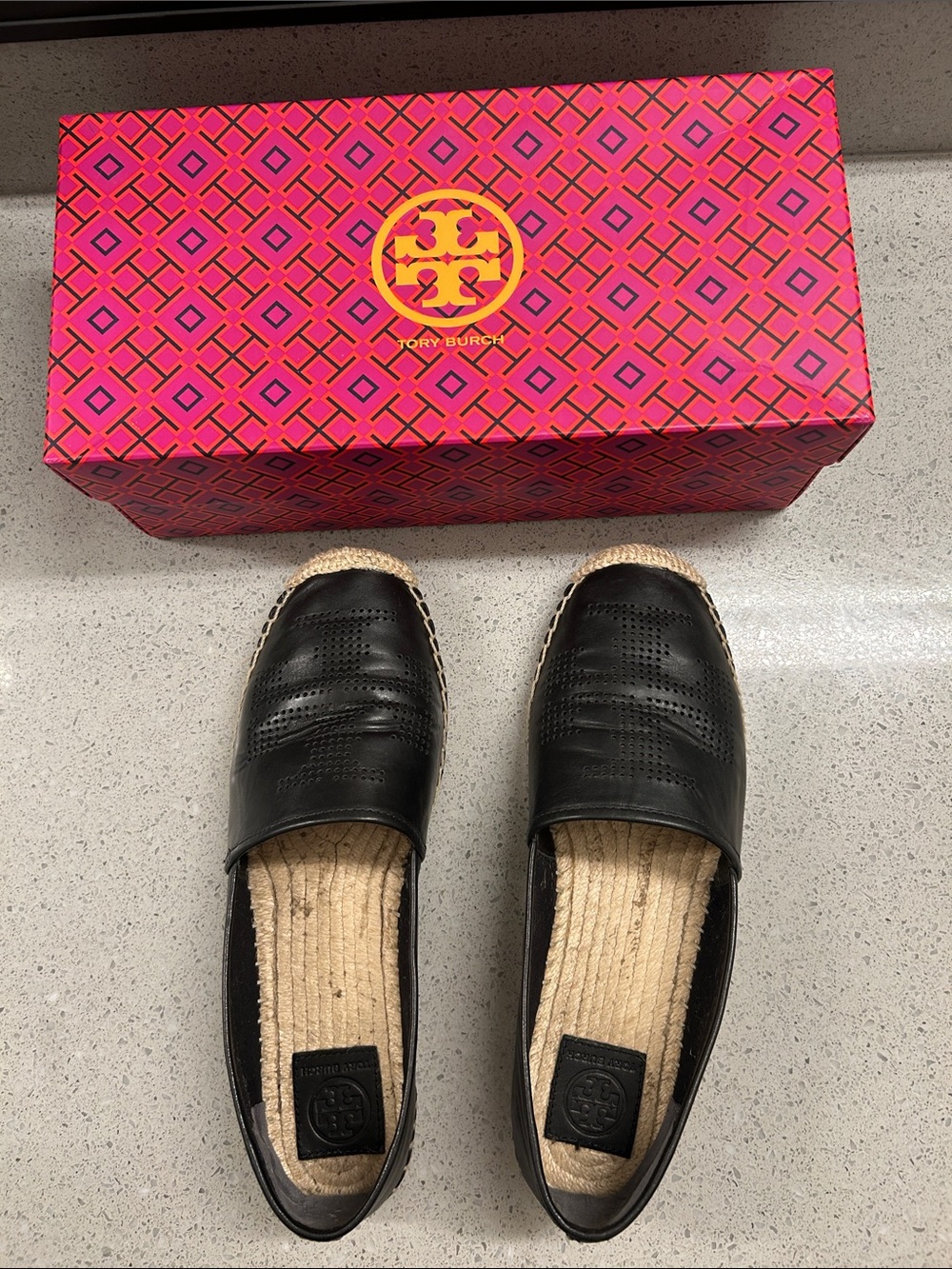 Tory Burch Black Leather Espadrille Flats with Jute Trim size 10.5